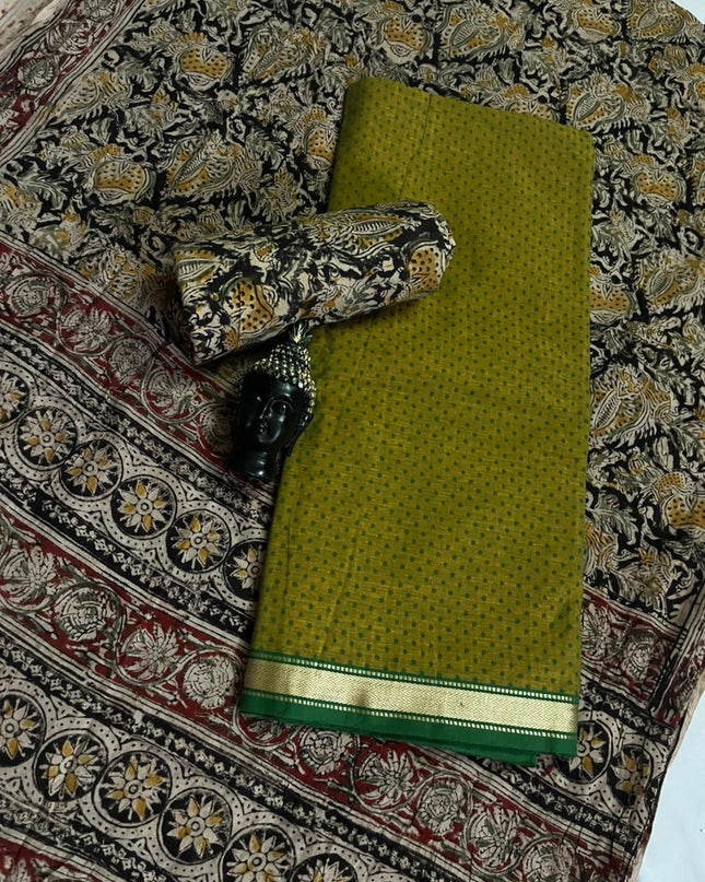 Traditional Kalamkari Unstitched 3PC Dress Material in Pesara Green Colour | Cotton Ethnic Fabric