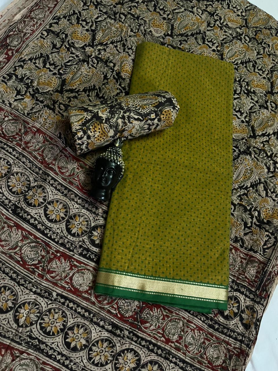 Traditional Kalamkari Unstitched 3PC Dress Material in Pesara Green Colour | Cotton Ethnic Fabric