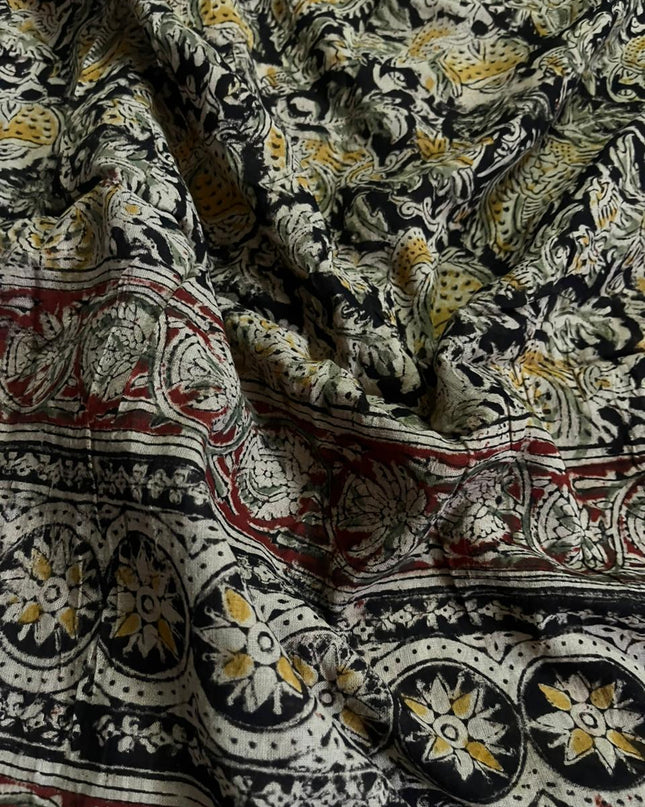 Traditional Kalamkari Unstitched 3PC Dress Material in Pesara Green Colour | Cotton Ethnic Fabric