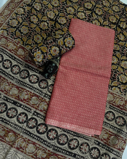 Traditional Kalamkari Unstitched 3PC Dress Material in Baby Pink Colour | Cotton Ethnic Fabric