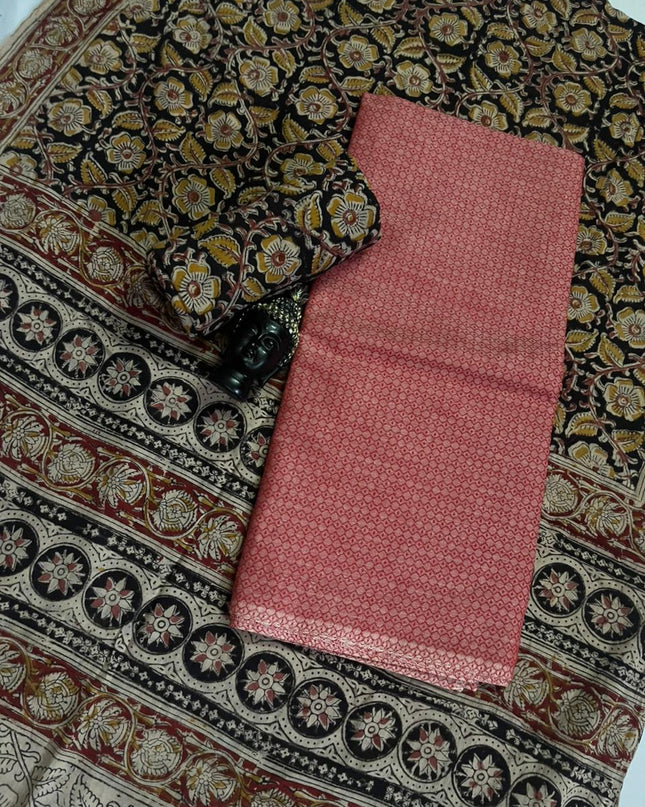 Traditional Kalamkari Unstitched 3PC Dress Material in Baby Pink Colour | Cotton Ethnic Fabric
