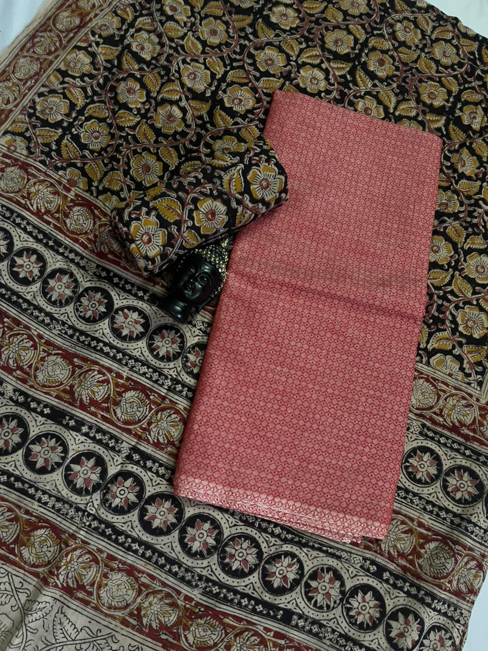 Traditional Kalamkari Unstitched 3PC Dress Material in Baby Pink Colour | Cotton Ethnic Fabric