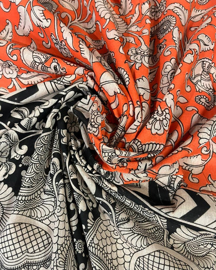 Gray Kalamkari Cotton 3 Piece Suit Material Set | Unstitched Top Bottom Dupatta