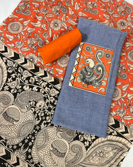 Gray Kalamkari Cotton 3 Piece Suit Material Set | Unstitched Top Bottom Dupatta