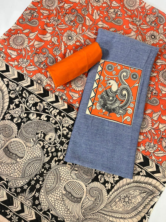 Gray Kalamkari Cotton 3 Piece Suit Material Set | Unstitched Top Bottom Dupatta
