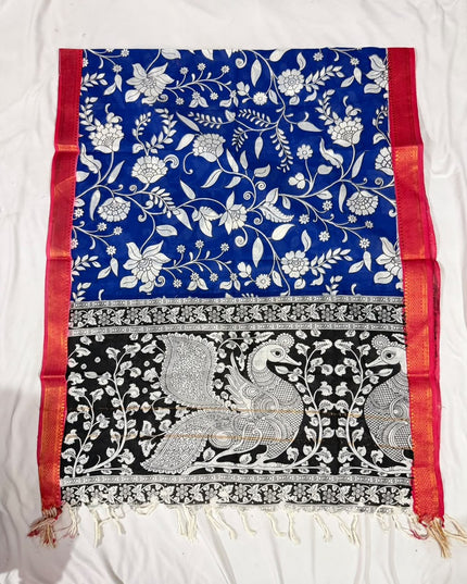 Mangalagiri Cotton Kalamkari Print Dupatta - Blue & Red