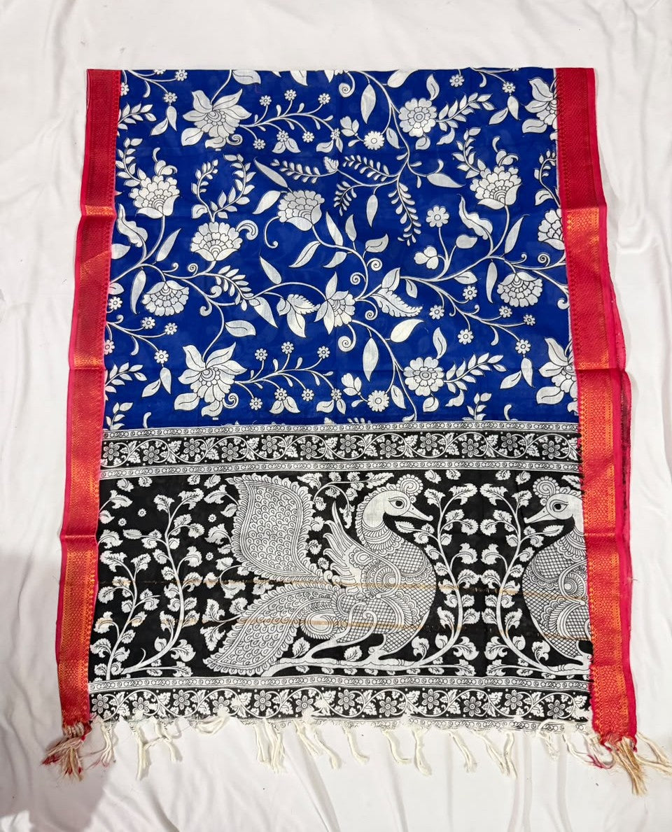 Mangalagiri Cotton Kalamkari Print Dupatta - Blue & Red