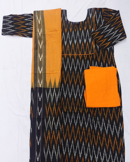 Premium Ikkat 3 Piece Stitched Set – Ready to Wear Kurta, Bottom & Dupatta – Black Colour Handloom Ethnic Wear