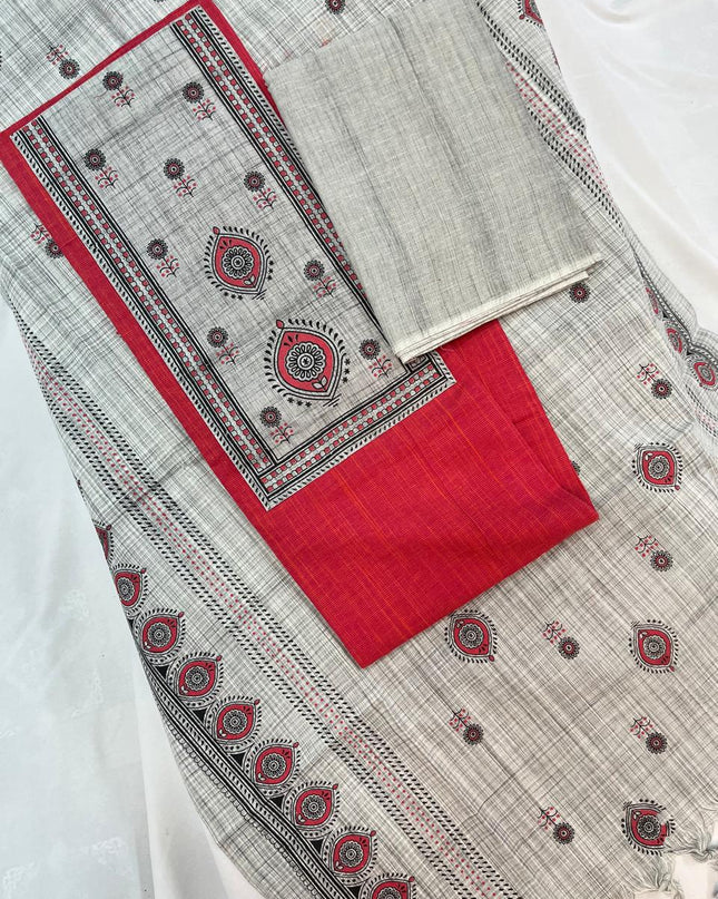 Cotton Dress Material with Red Color