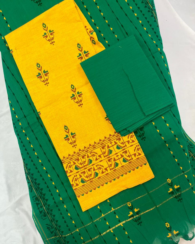 Cotton Dress Material with Green Chunni