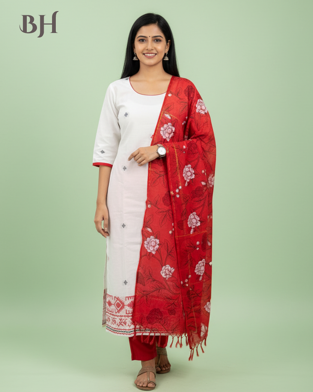 Jacquard Cotton Kurti Set Half White & Red – Straight Cut Style, Elbow Length Sleeves