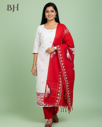 Jacquard Cotton Kurti Set Half White & Red – Straight Cut Pattern with Elbow Sleeves