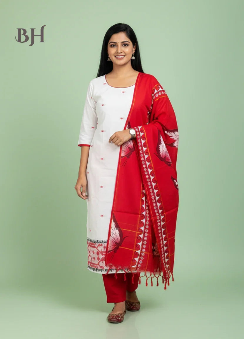 Jacquard Cotton Kurti Set Half White & Red – Straight Cut Pattern with Elbow Sleeves