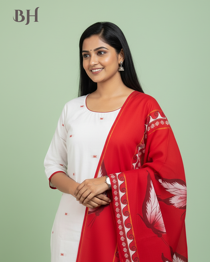 Jacquard Cotton Kurti Set Half White & Red – Straight Cut Pattern with Elbow Sleeves