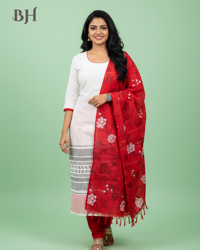 Jacquard Kurti Set Half White & Red – Elegant Straight Cut Style for Women