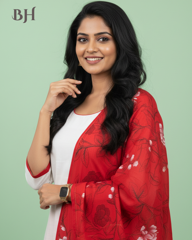 Jacquard Kurti Set Half White & Red – Elegant Straight Cut Style for Women