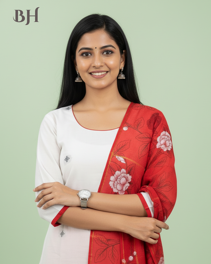 Jacquard Cotton Kurti Set Half White & Red – Straight Cut Style, Elbow Length Sleeves