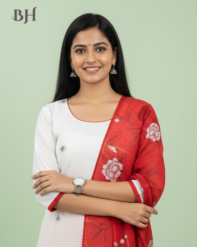 Jacquard Cotton Kurti Set Half White & Red – Straight Cut Style, Elbow Length Sleeves