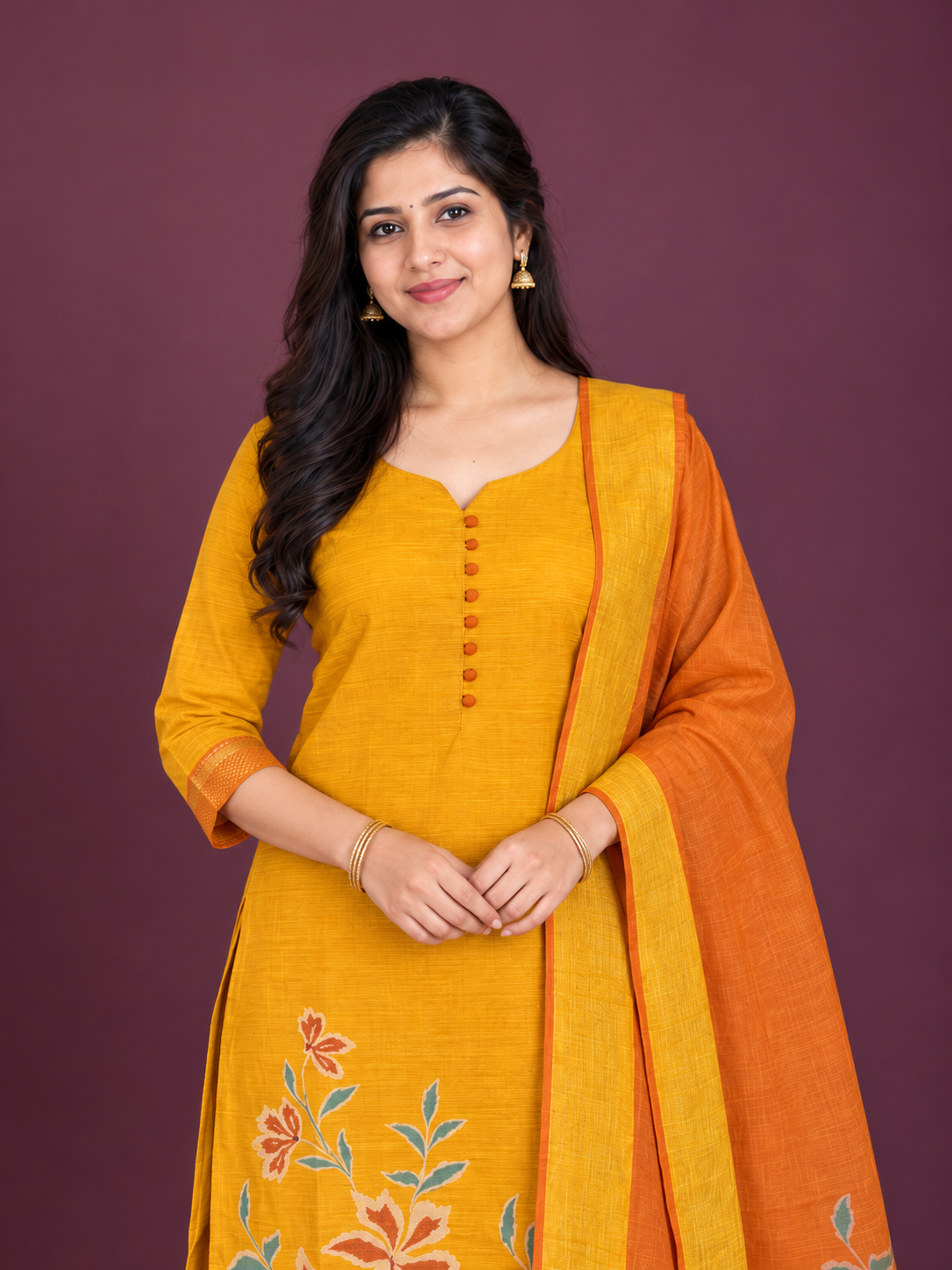 Premium Mangalagiri Cotton Floral Printed 3PC Kurti Set in Mustard Yellow & Rust Orange | Matching Bottom & Dupatta | Ready to Wear