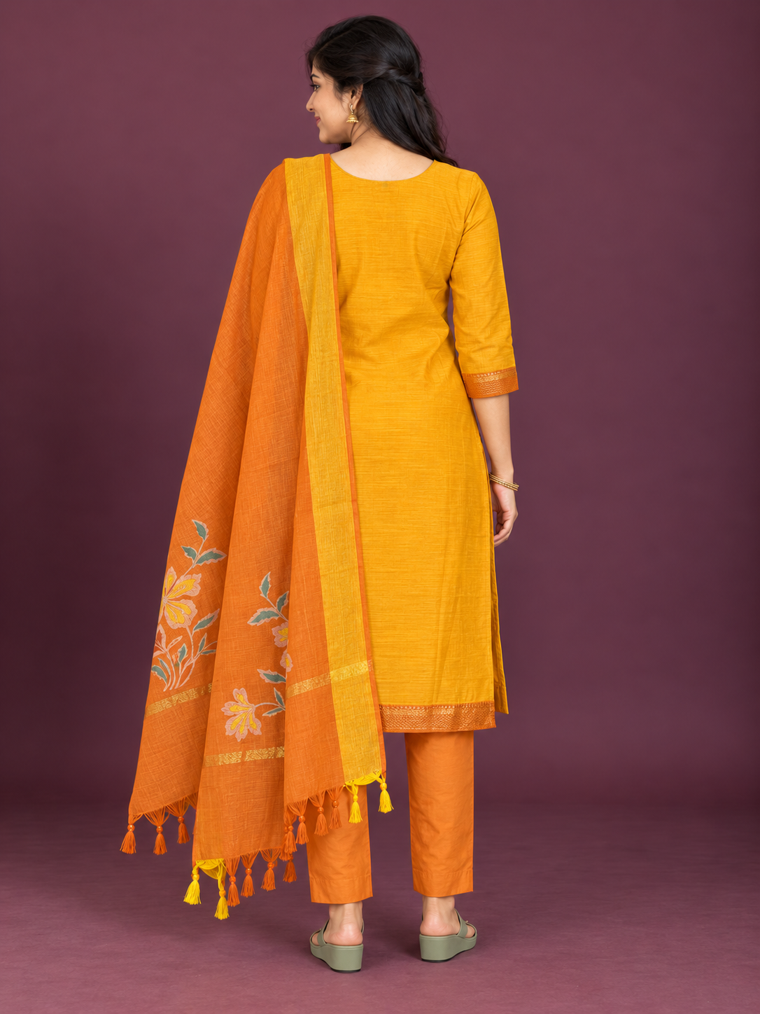 Premium Mangalagiri Cotton Floral Printed 3PC Kurti Set in Mustard Yellow & Rust Orange | Matching Bottom & Dupatta | Ready to Wear