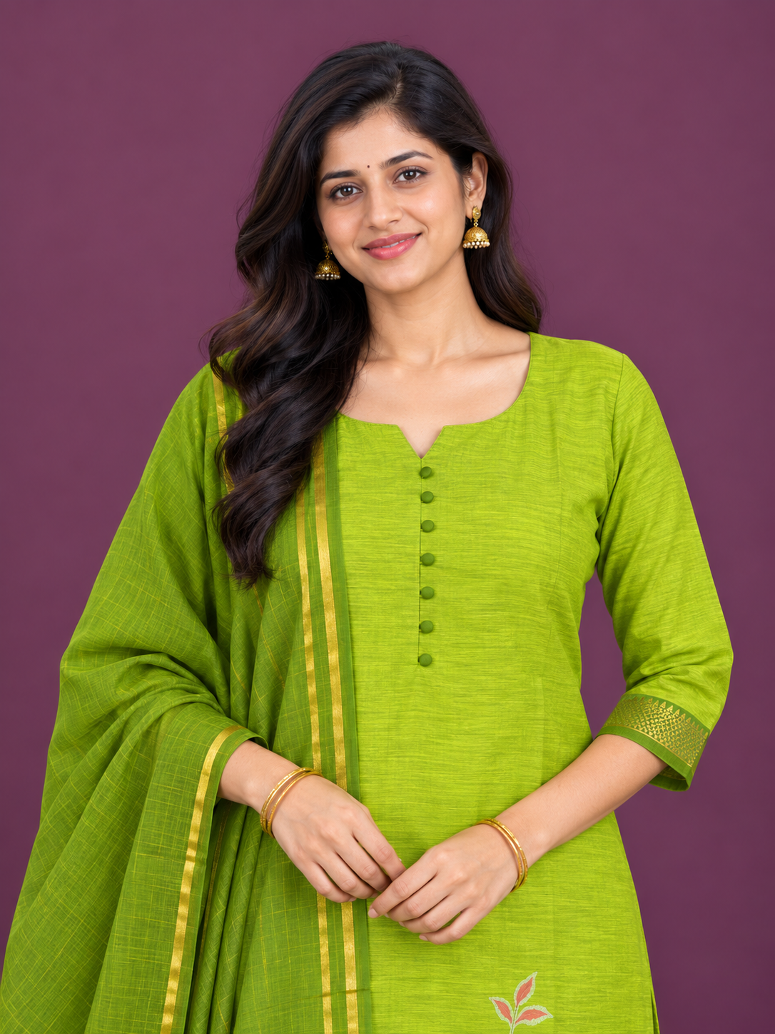 Premium Mangalagiri Cotton Floral Printed 3PC Kurti Set in Lime Green Colour | Matching Bottom & Dupatta | Ready to Wear