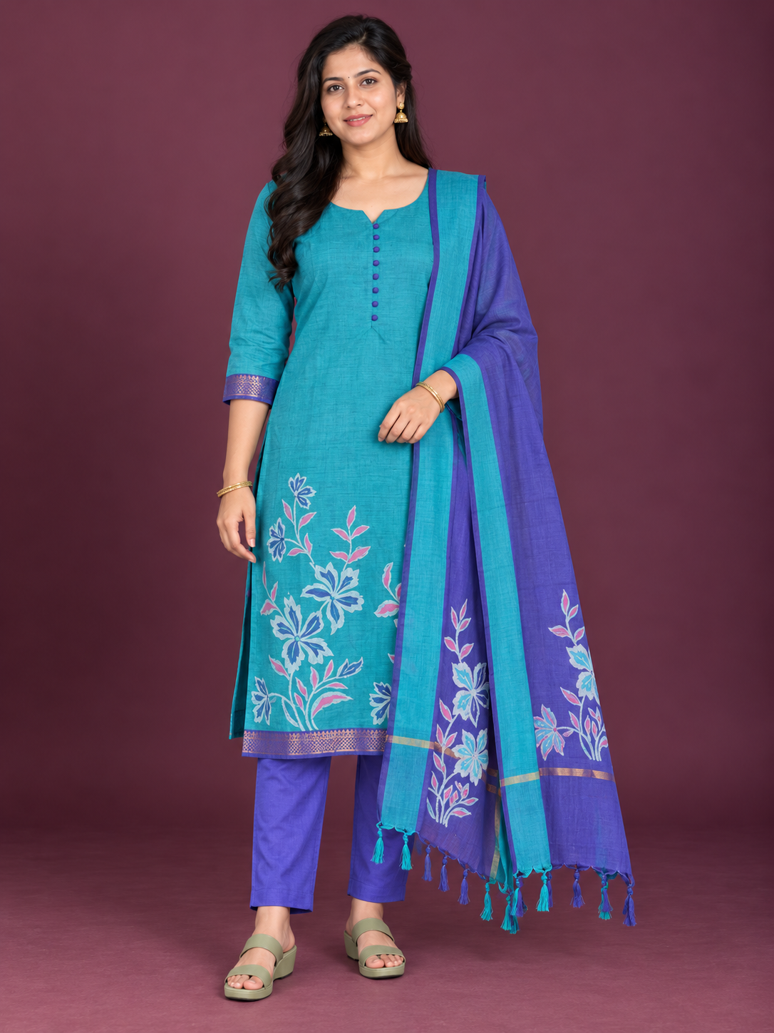 Premium Mangalagiri Cotton 3PC Kurti Set in Teal Blue & Royal Blue | Matching Bottom & Dupatta | Ready to Wear