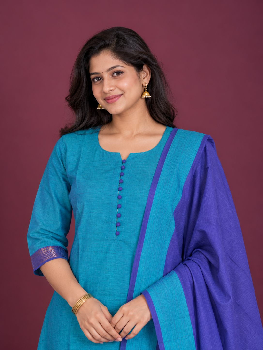 Premium Mangalagiri Cotton 3PC Kurti Set in Teal Blue & Royal Blue | Matching Bottom & Dupatta | Ready to Wear