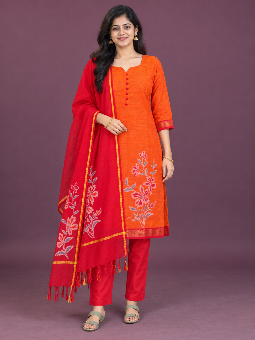 Premium Mangalagiri Cotton 3PC Kurti Set in Bright Orange & Red | Matching Bottom & Dupatta | Ready to Wear