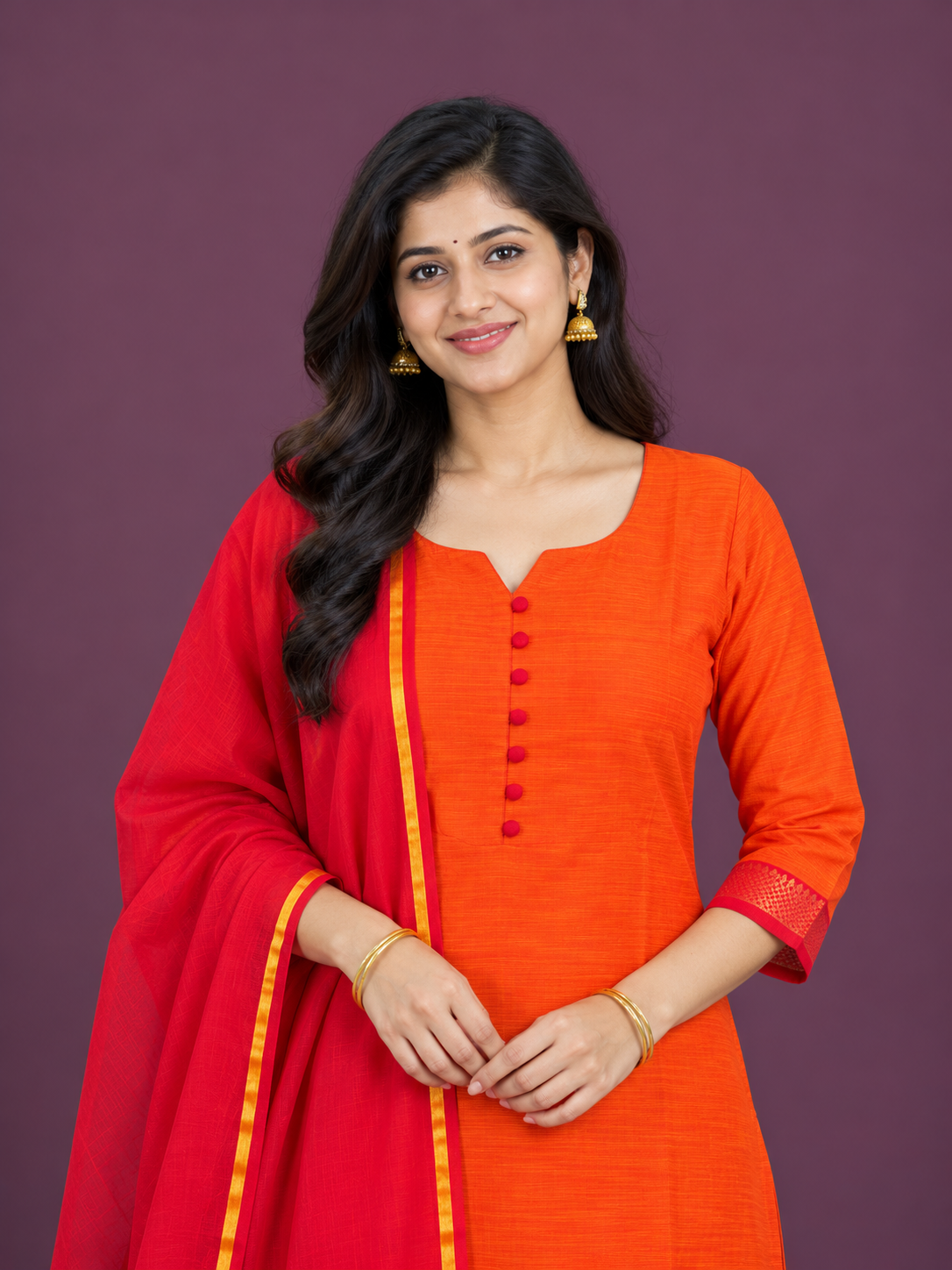 Premium Mangalagiri Cotton 3PC Kurti Set in Bright Orange & Red | Matching Bottom & Dupatta | Ready to Wear