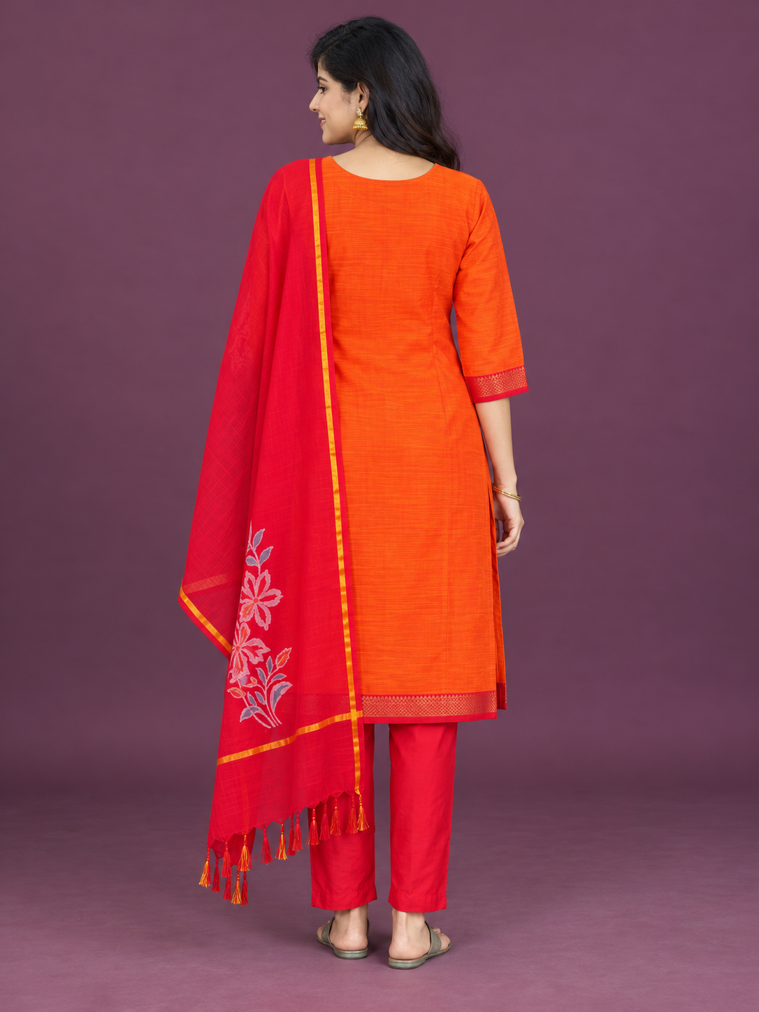 Premium Mangalagiri Cotton 3PC Kurti Set in Bright Orange & Red | Matching Bottom & Dupatta | Ready to Wear