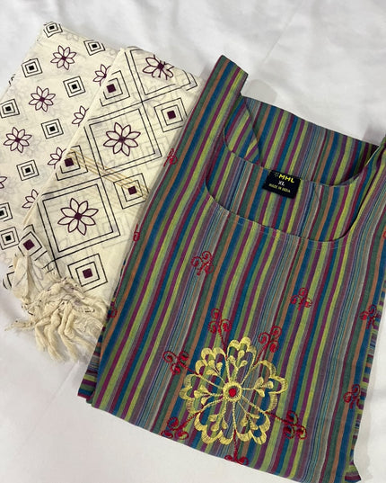 Premium Multicolor Cotton 3PC Kurti Set with Embroidered Design | Ready to Wear