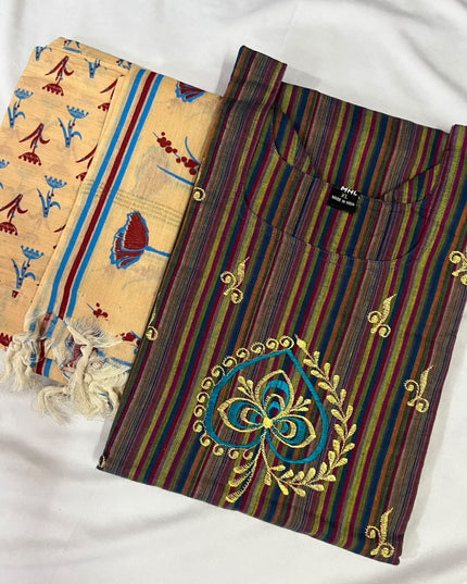 Premium Multicolor Cotton 3PC Kurti Set with Embroidered Design | Ready to Wear