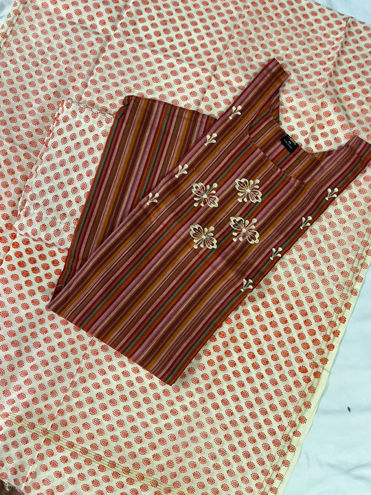 Premium Multicolor Cotton 3PC Kurti Set with Embroidered Design | Ready to Wear