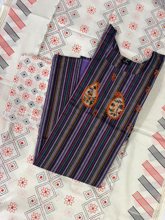 Premium Multicolor Cotton 3PC Kurti Set with Embroidered Design | Ready to Wear
