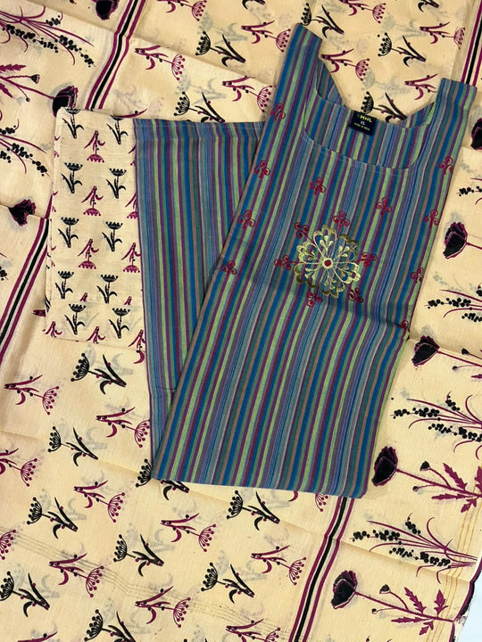 Premium Multicolor Cotton 3PC Kurti Set with Embroidered Design | Ready to Wear