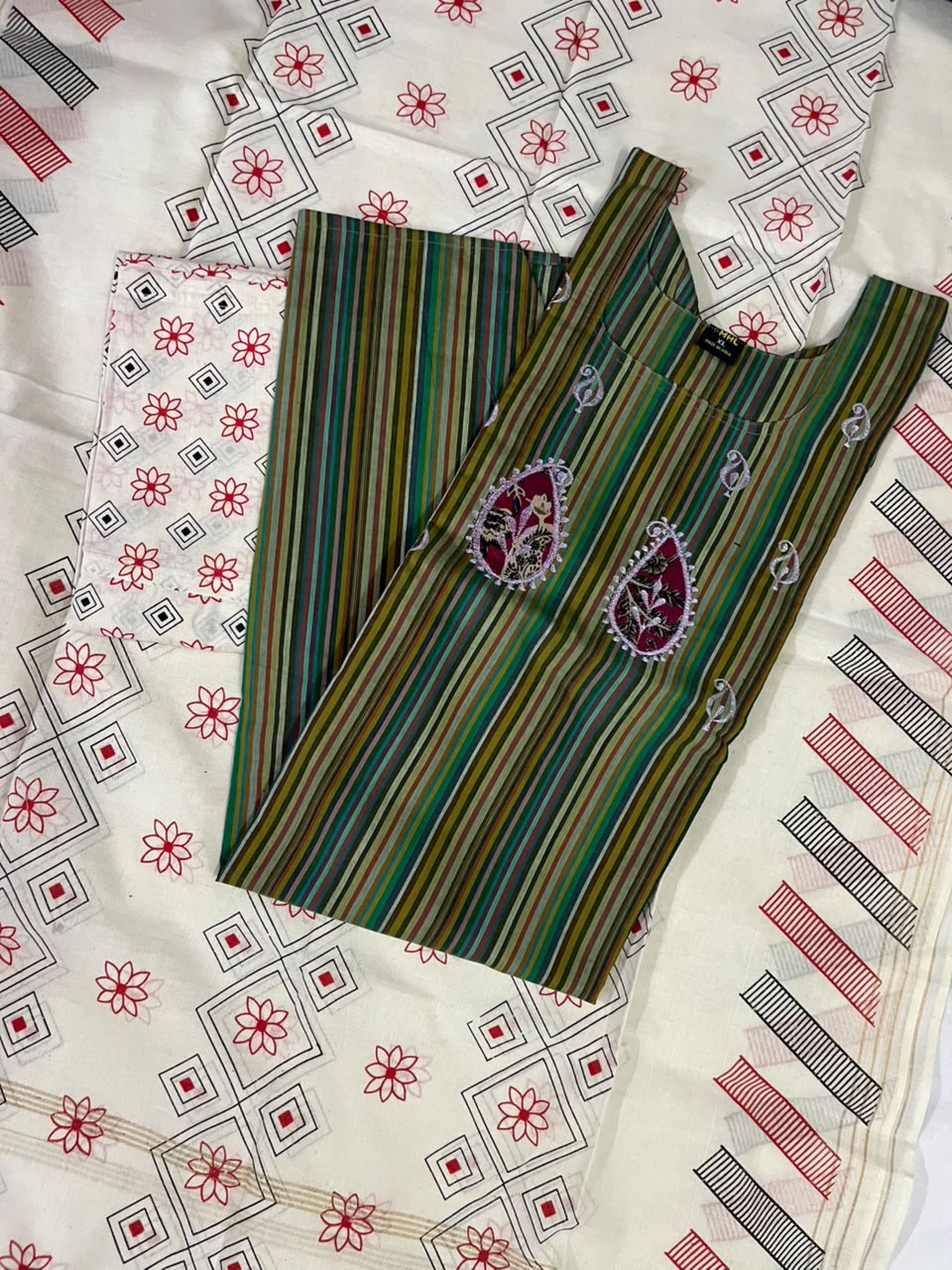 Premium Multicolor Cotton 3PC Kurti Set with Embroidered Design | Ready to Wear
