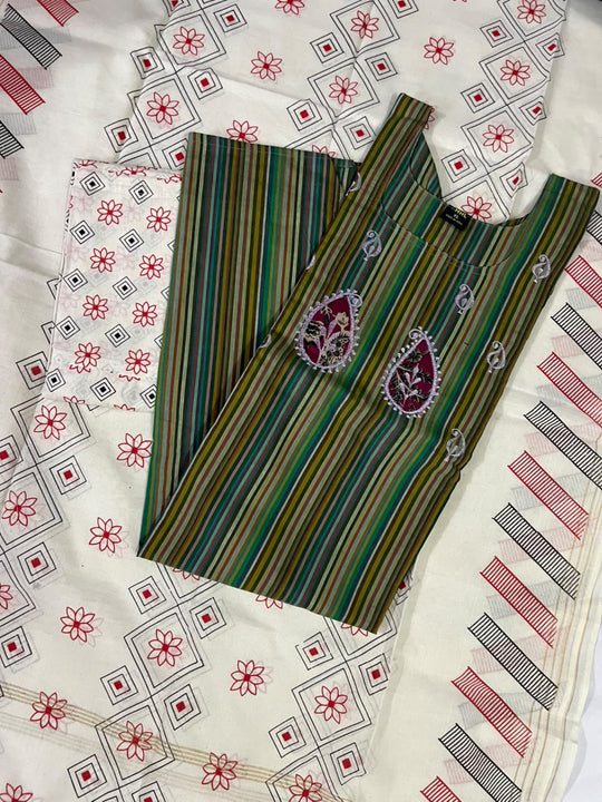 Premium Multicolor Cotton 3PC Kurti Set with Embroidered Design | Ready to Wear
