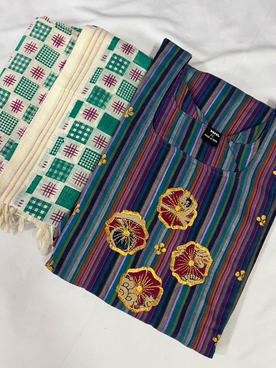 Premium Multicolor Cotton 3PC Kurti Set with Embroidered Design | Ready to Wear