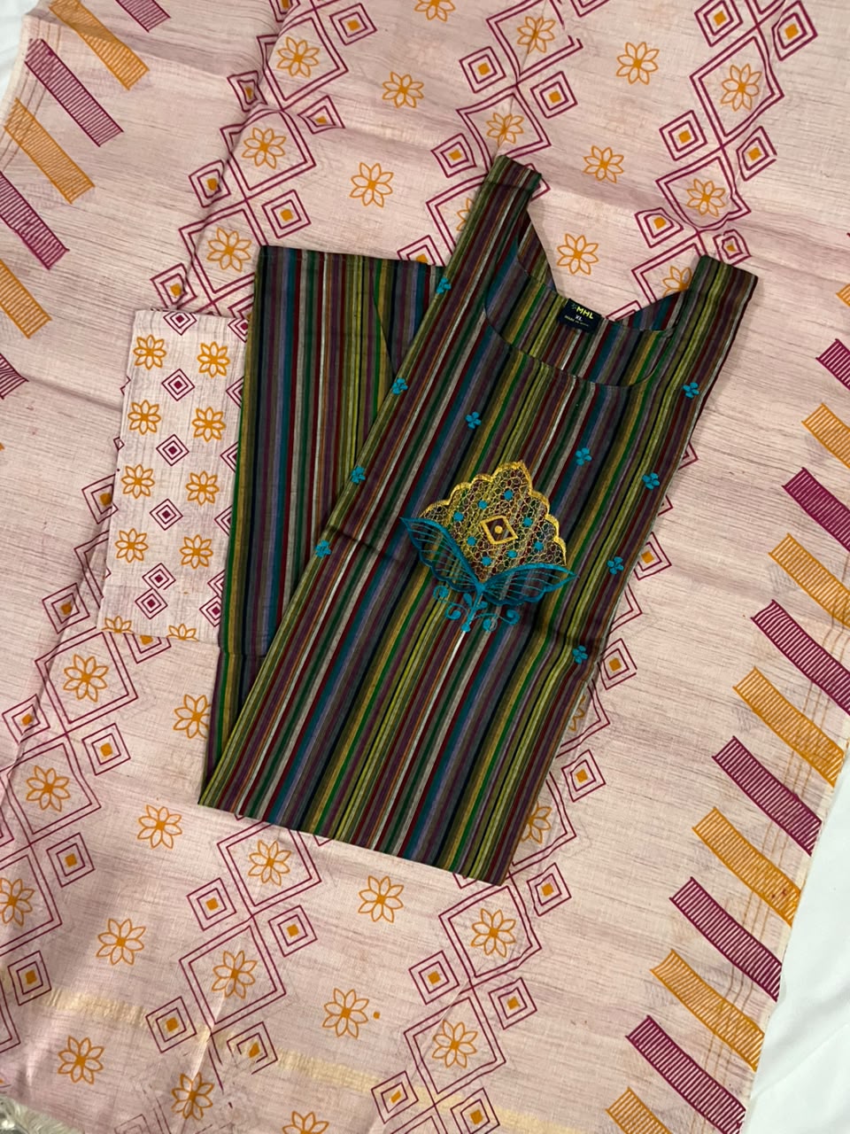 Premium Multicolor Cotton 3PC Kurti Set with Embroidered Design | Ready to Wear