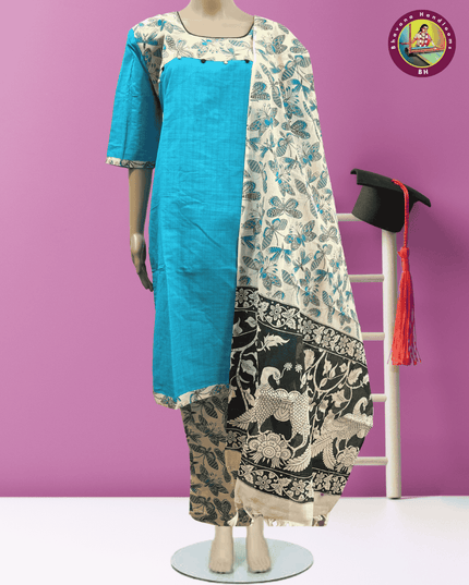 Stitched cotton dress with Full length Lining Pista Sky Blue Colour kalamkari design 3pc set