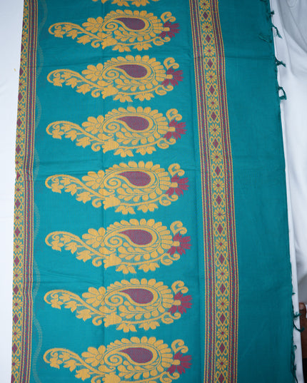 Coimbatore Handloom Saree in Teal Blue Colour with Traditional Bird Motifs and Contrast Woven Border