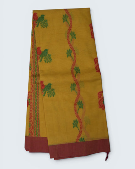 Coimbatore Handloom Saree in Mustard Yellow Colour with Traditional Bird Motifs and Contrast Woven Border