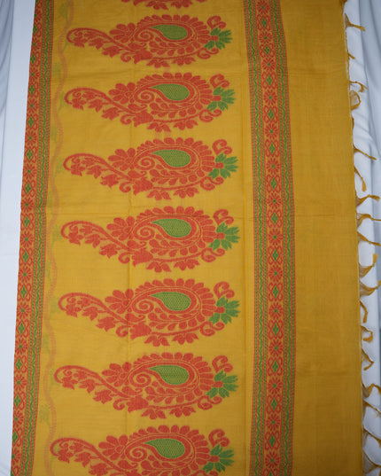 Coimbatore Handloom Saree in Mustard Yellow Colour with Traditional Bird Motifs and Contrast Woven Border