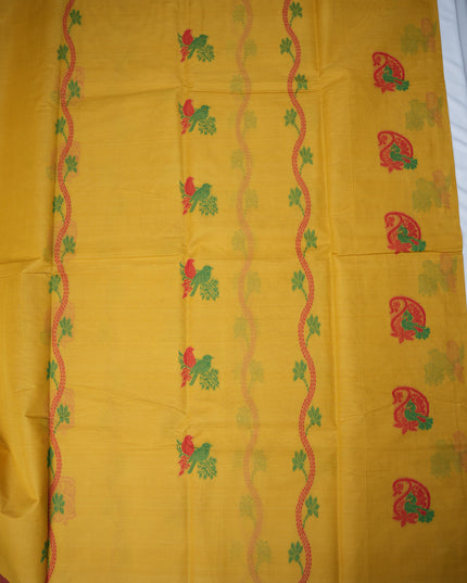 Coimbatore Handloom Saree in Mustard Yellow Colour with Traditional Bird Motifs and Contrast Woven Border