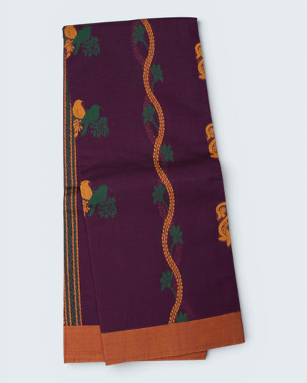 Coimbatore Handloom Saree in Deep Purple Colour with Traditional Bird Motifs and Contrast Mustard Woven Border