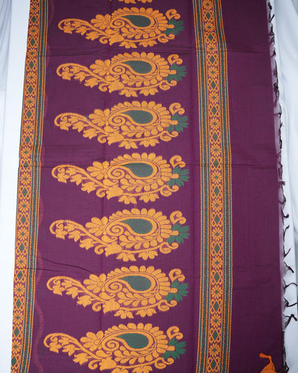 Coimbatore Handloom Saree in Deep Purple Colour with Traditional Bird Motifs and Contrast Mustard Woven Border