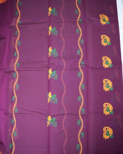 Coimbatore Handloom Saree in Deep Purple Colour with Traditional Bird Motifs and Contrast Mustard Woven Border