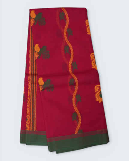 Coimbatore Handloom Saree in Rani Pink Colour with Traditional Bird Motifs and Contrast Green Woven Border
