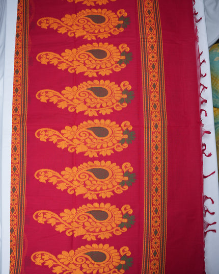 Coimbatore Handloom Saree in Rani Pink Colour with Traditional Bird Motifs and Contrast Green Woven Border