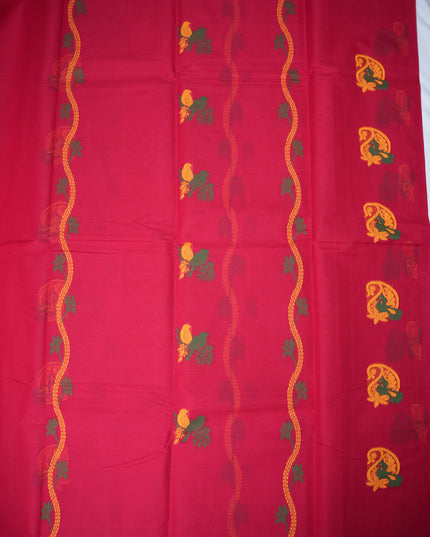 Coimbatore Handloom Saree in Rani Pink Colour with Traditional Bird Motifs and Contrast Green Woven Border